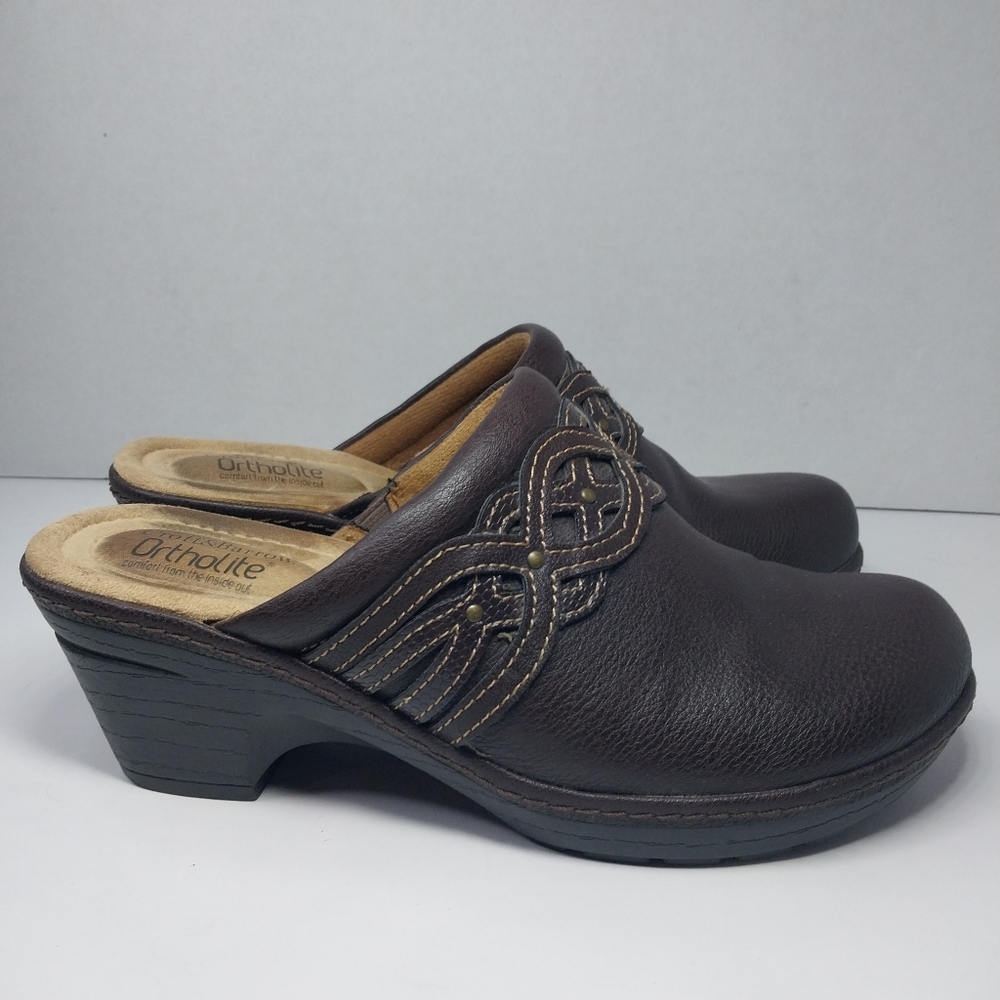 Croft & Barrow Ortholite Damebrown Sz 7 M Faux Leather Brown Slip on Clog Shoes - Picture 8 of 12